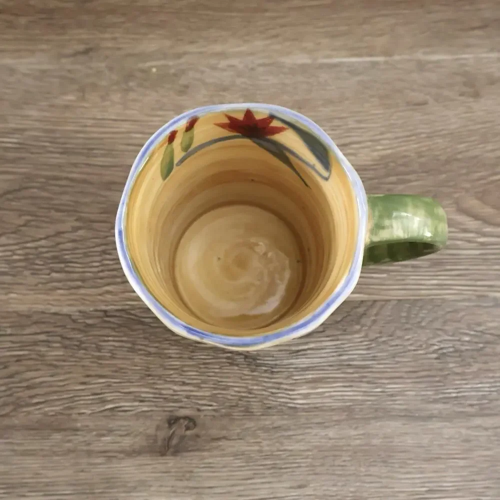 Pier 1 Hand Painted Floral Green Yellow Stoneware Elizabeth Coffee Mug